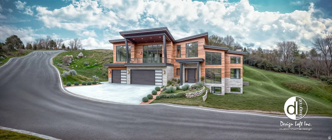 Contemporary home featuring a balcony, stone siding, an attached garage, driveway, and a front yard