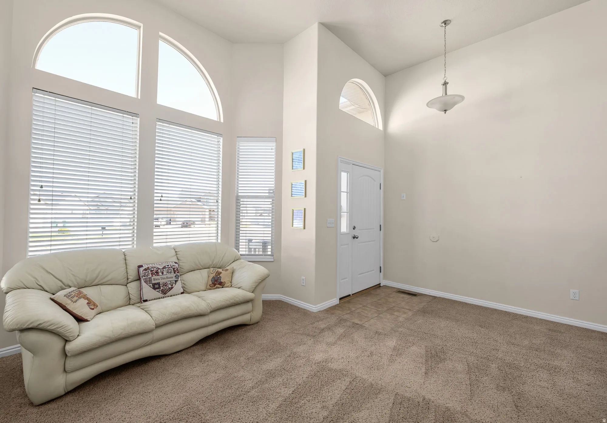 Carpeted living room with a high ceiling and plenty of natural light