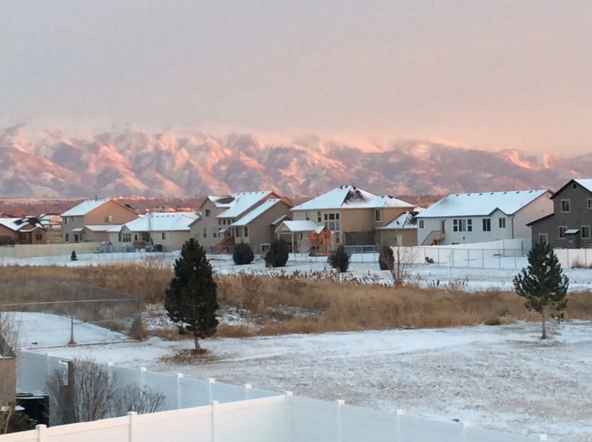 Yard layered in snow featuring a residential view