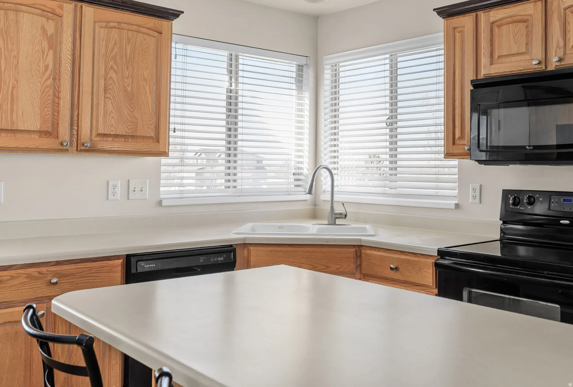 Kitchen featuring black appliances, light countertops, and wood finish cabinetry