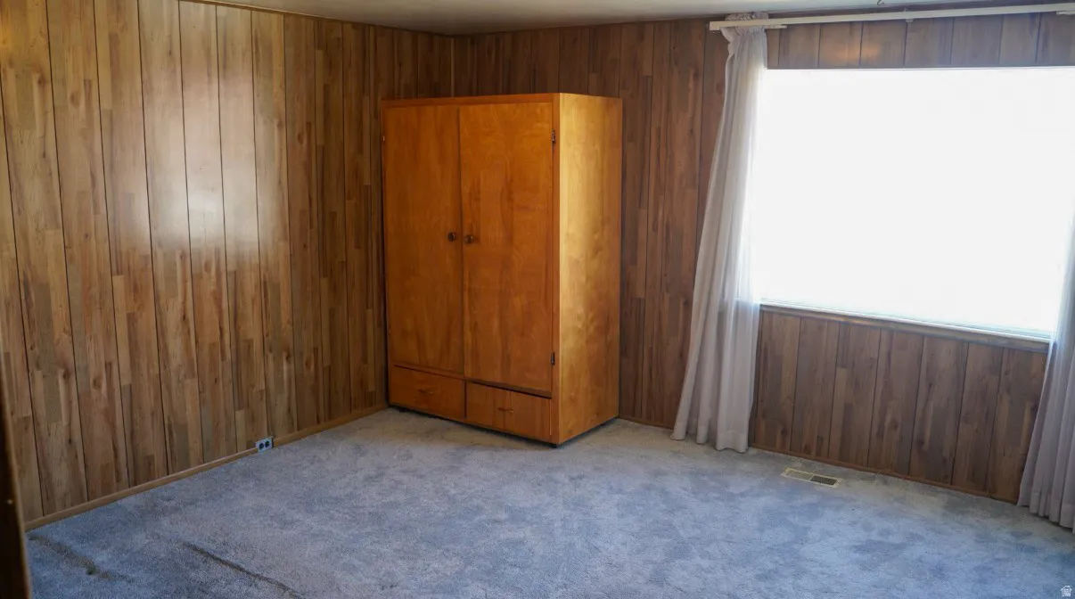 Carpeted empty room with wooden walls