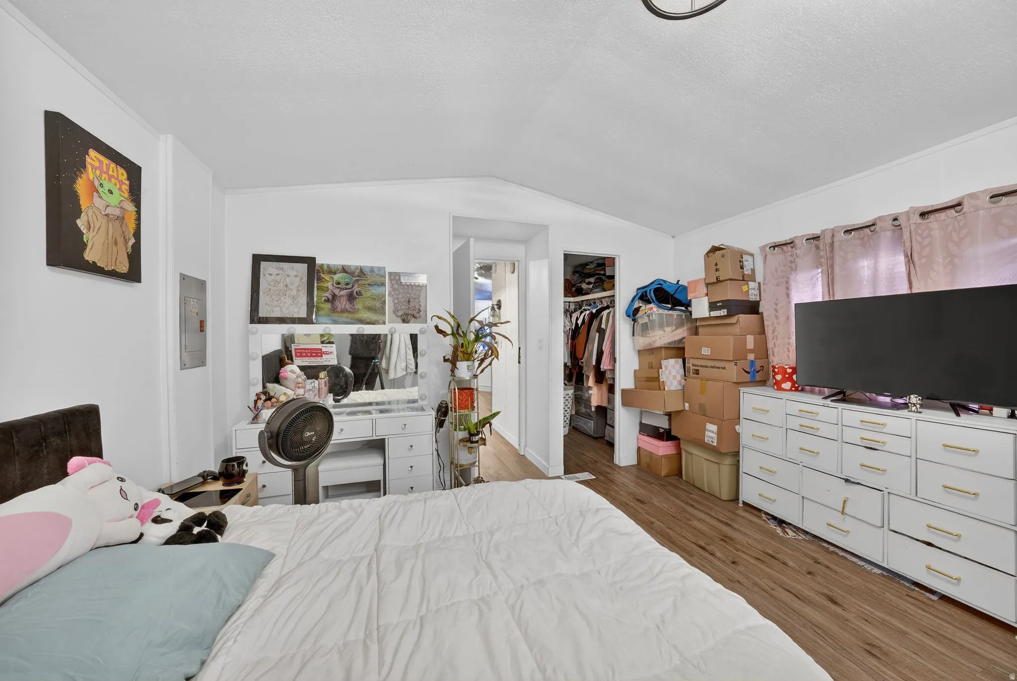 Bedroom with dark wood finished floors, a walk in closet, and lofted ceiling