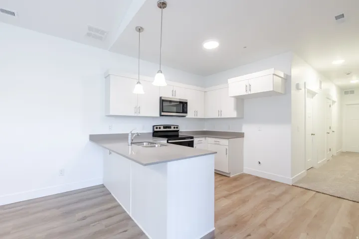 Kitchen featuring white cabinetry, gray countertops, stainless steel appliances, and pendant lighting