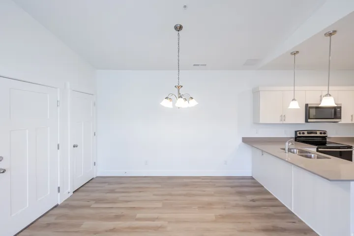 Kitchen featuring white cabinetry, gray countertops, stainless steel appliances, and pendant lighting
