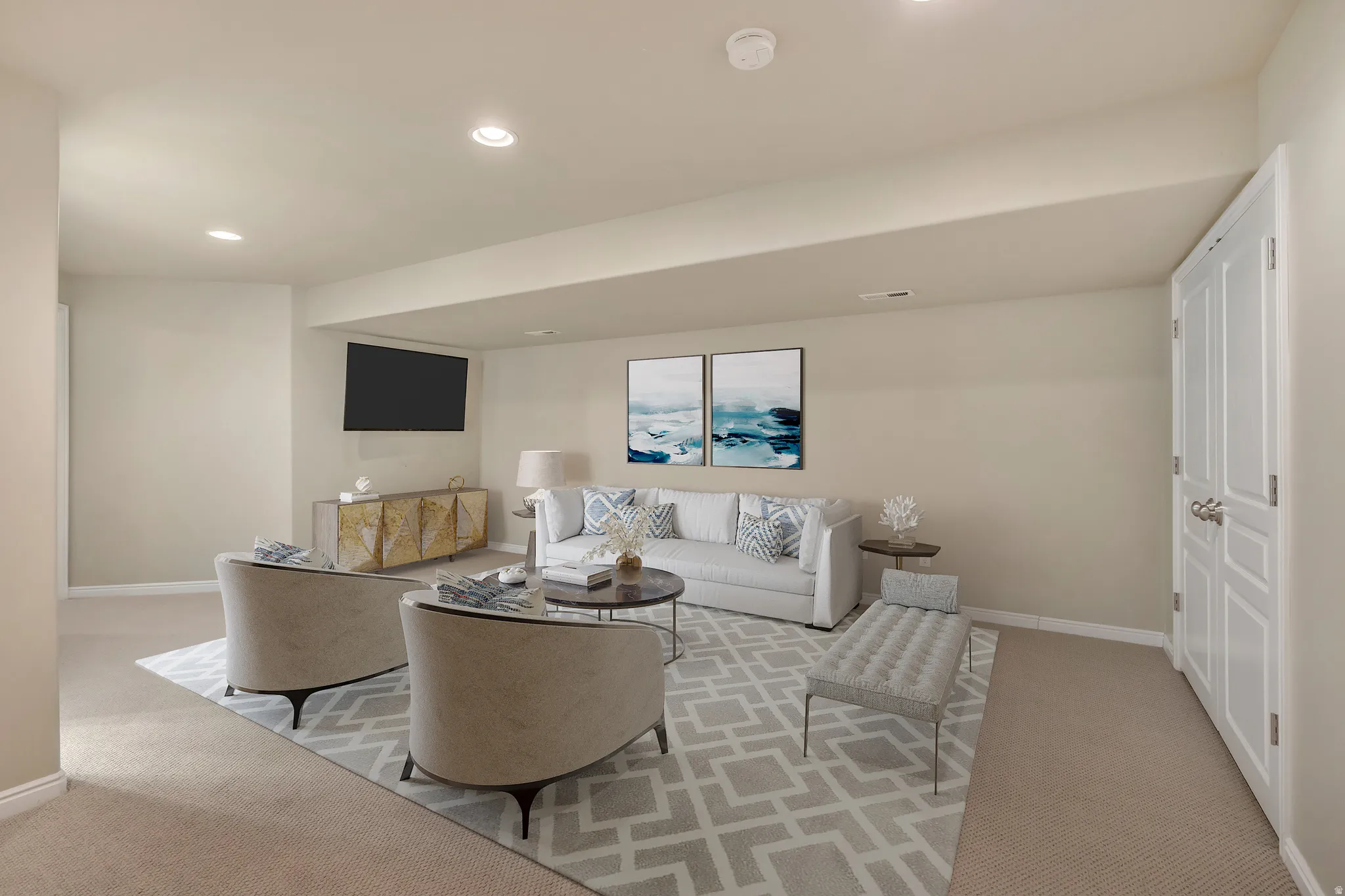 Living room featuring light colored carpet and recessed lighting