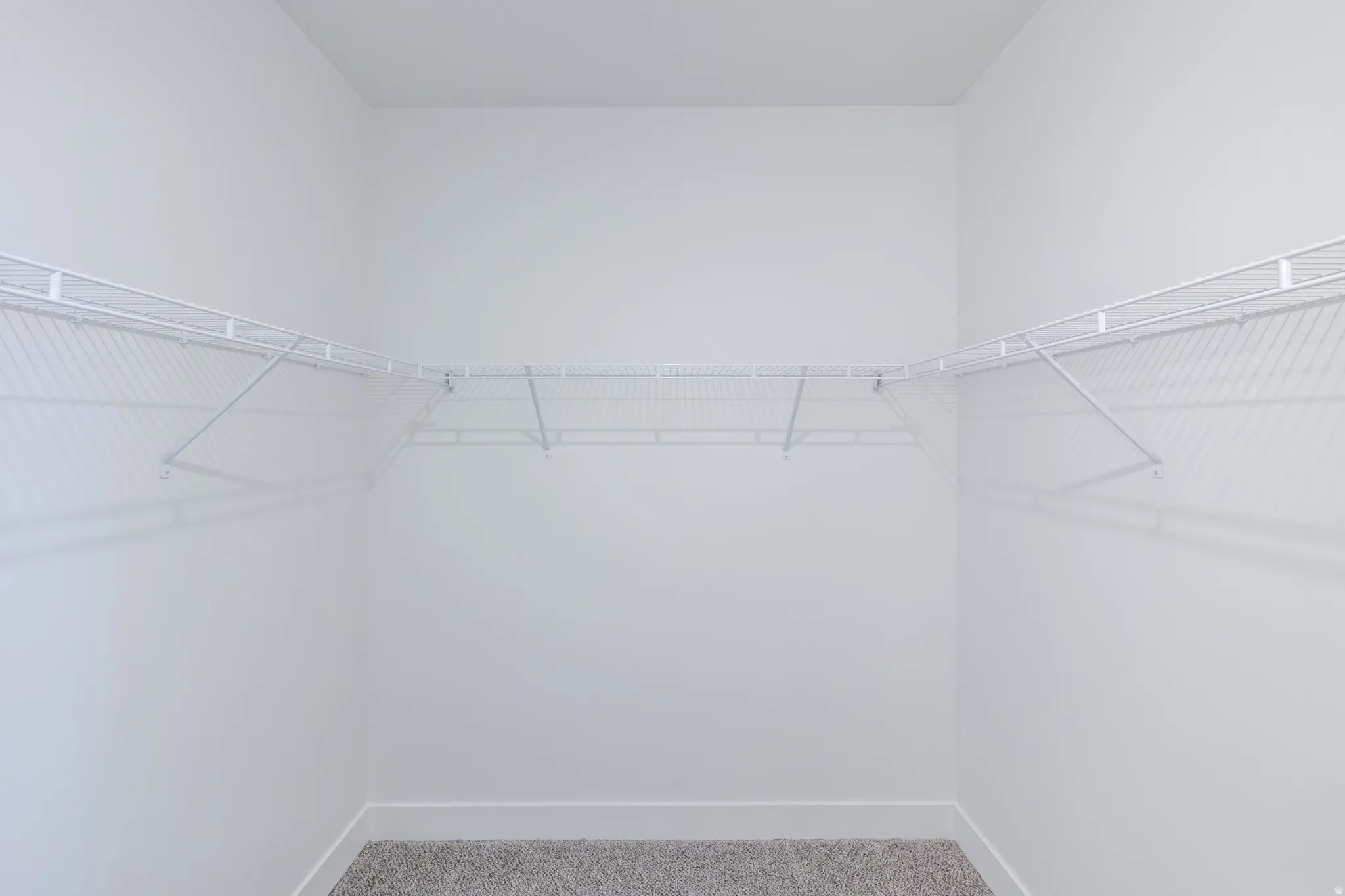 Walk-in closet with wire shelving system and light-toned carpeting