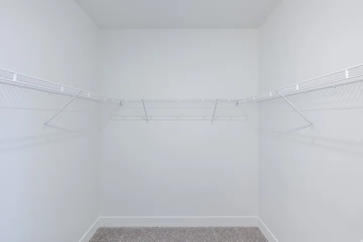 Walk-in closet with wire shelving system and light-toned carpeting