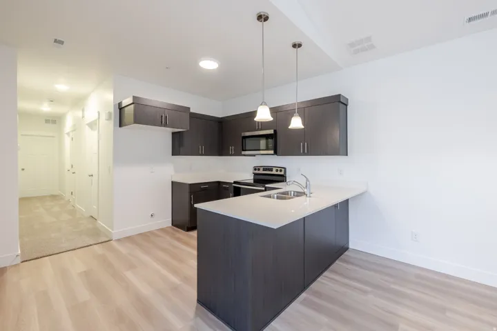 Kitchen featuring wood-finish flooring, dark wood-finish cabinetry, light-toned countertops, stainless steel appliances, and pendant lighting