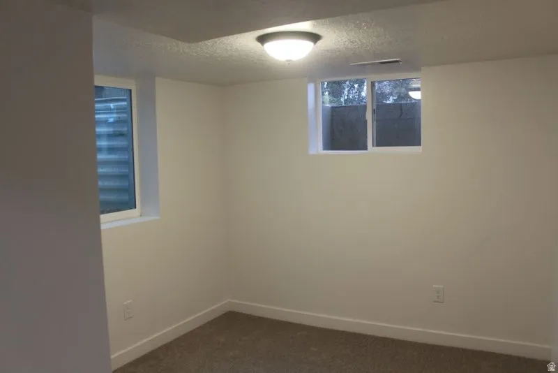 Below grade area featuring a textured ceiling and dark colored carpet