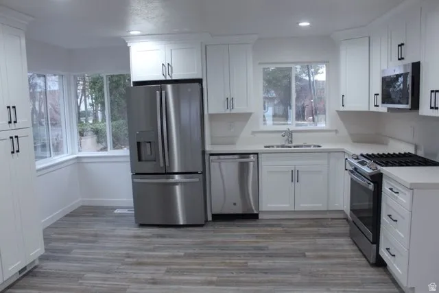 Kitchen featuring stainless steel appliances, white cabinetry, and light wood-type flooring