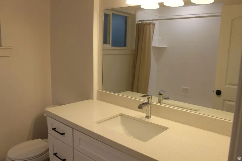 Full bathroom featuring vanity and curtained shower