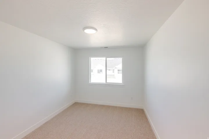 Bright room featuring a single window, neutral carpet, white walls, white trim, and a flush-mount ceiling light fixture