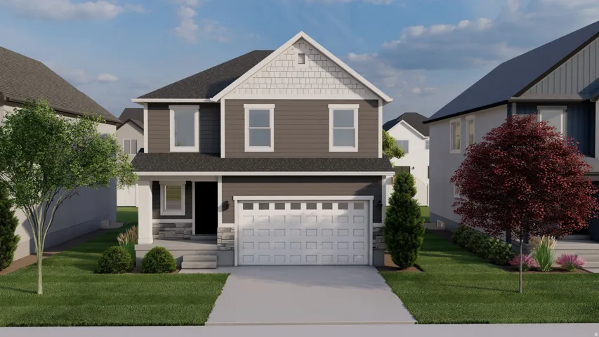 Craftsman house with covered porch, a front yard, driveway, and an attached garage