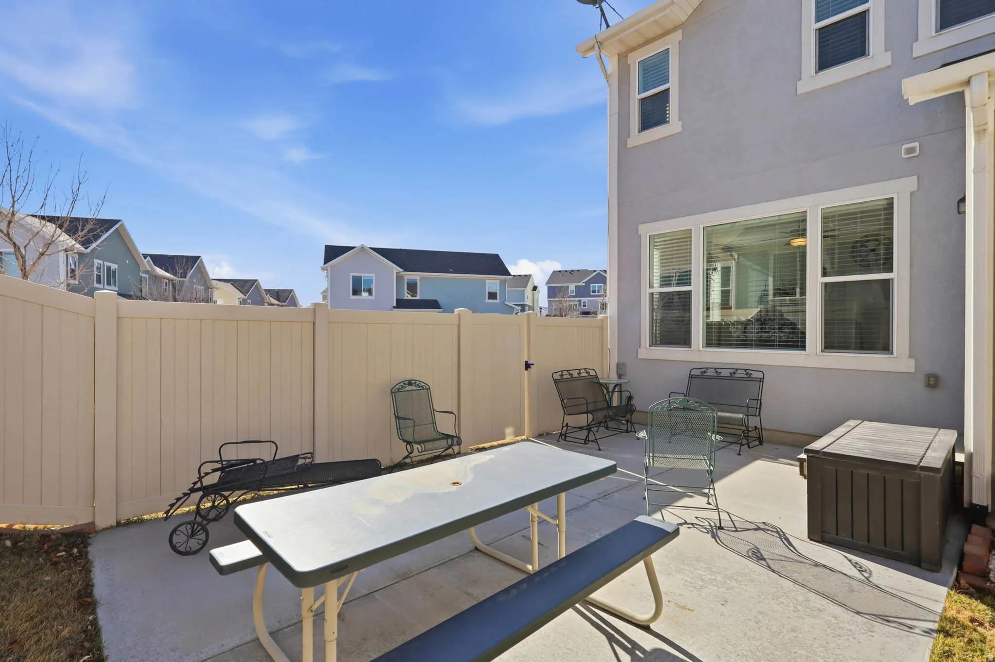 Fenced backyard featuring a patio area and a residential view