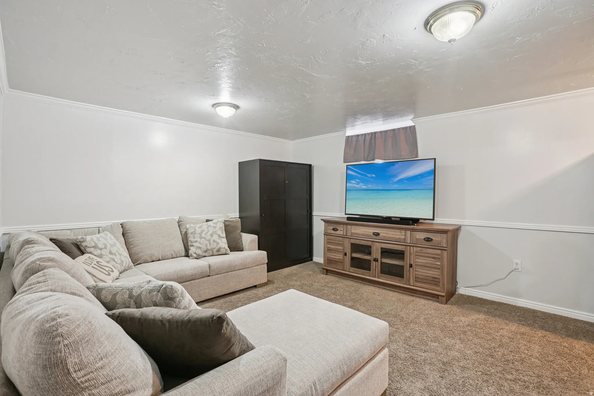 Living area with light carpet, ornamental molding, and a textured ceiling