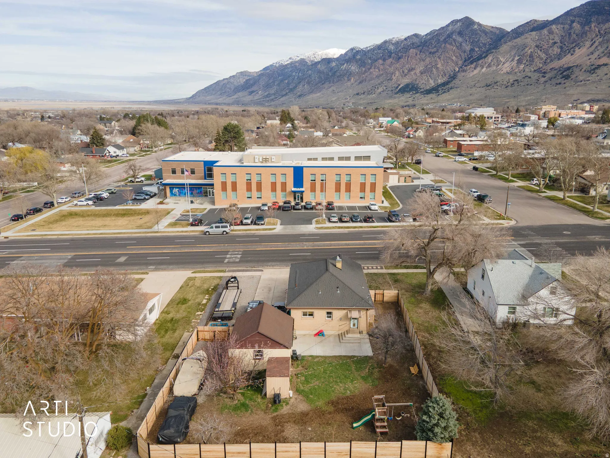 Aerial view of a mountainous background