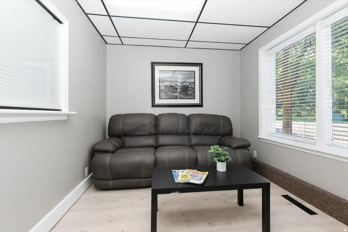 Living room featuring light wood finished floors and a drop ceiling