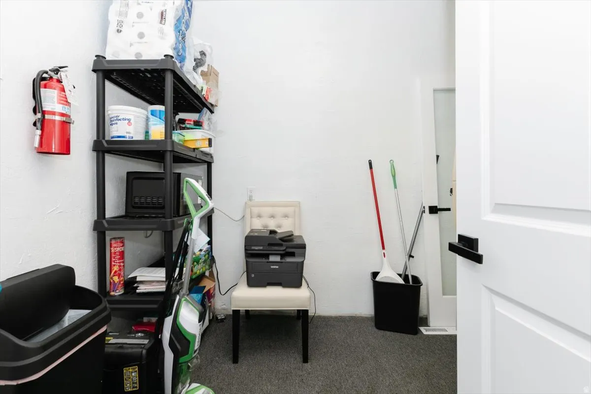 View of carpeted home office