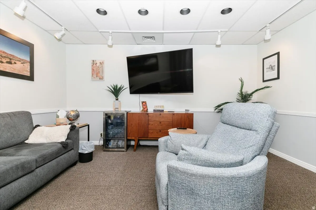 Living area with rail lighting and carpet