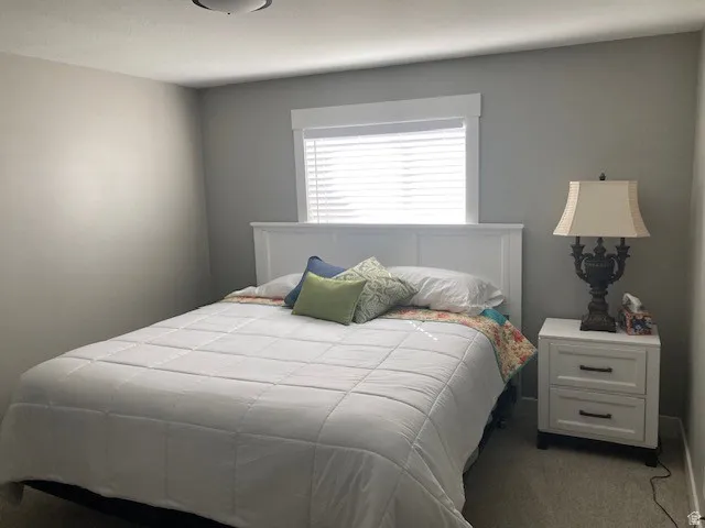 Bedroom featuring dark colored carpet