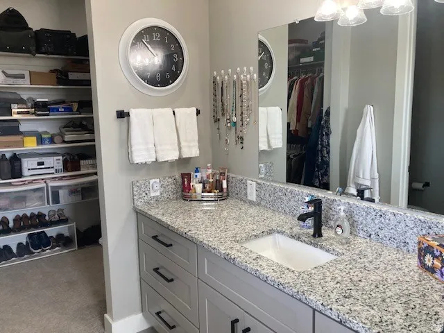 Master Bathroom with a walk in closet, vanity, a chandelier, and light colored carpet