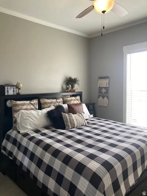 Master Bedroom with crown molding and a ceiling fan