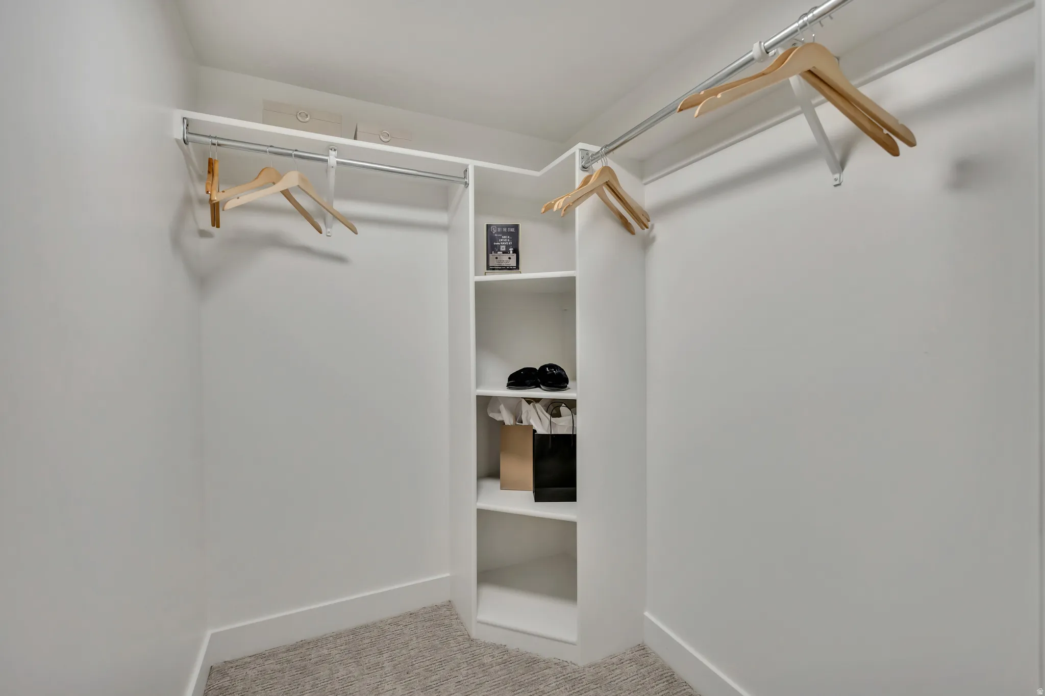 Walk in closet featuring light carpet