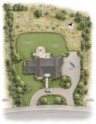 Site plan featuring a motor court, expansive level turf, designated future pool area, and a future sports court