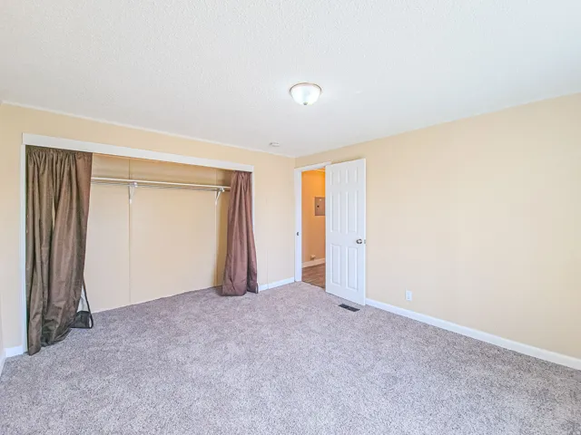 Unfurnished bedroom featuring carpet floors, a closet, and a textured ceiling