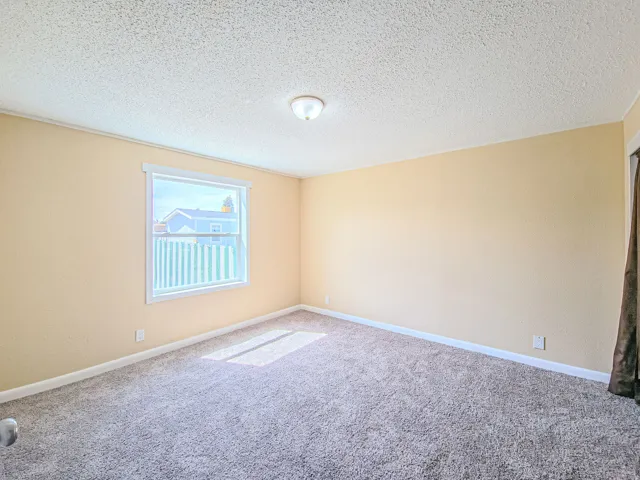 Carpeted spare room with a textured ceiling and baseboards