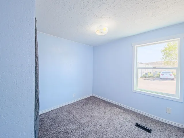 Carpeted empty room with a textured ceiling and baseboards