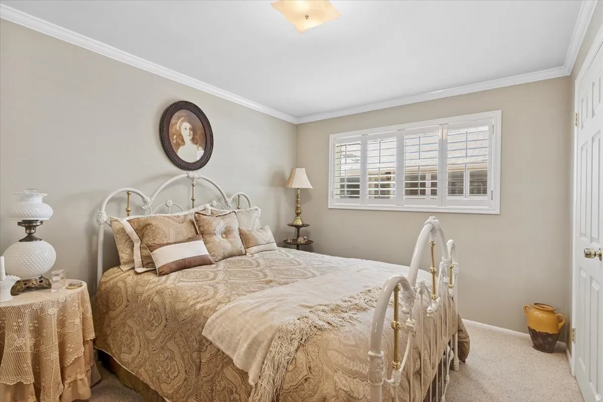 Bedroom featuring crown molding and carpet flooring