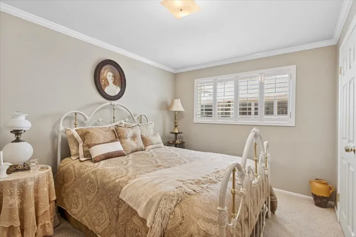 Bedroom featuring crown molding and carpet flooring