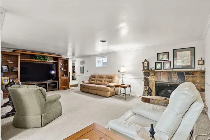 Family room withdrawn molding, carpet, and a stone fireplace