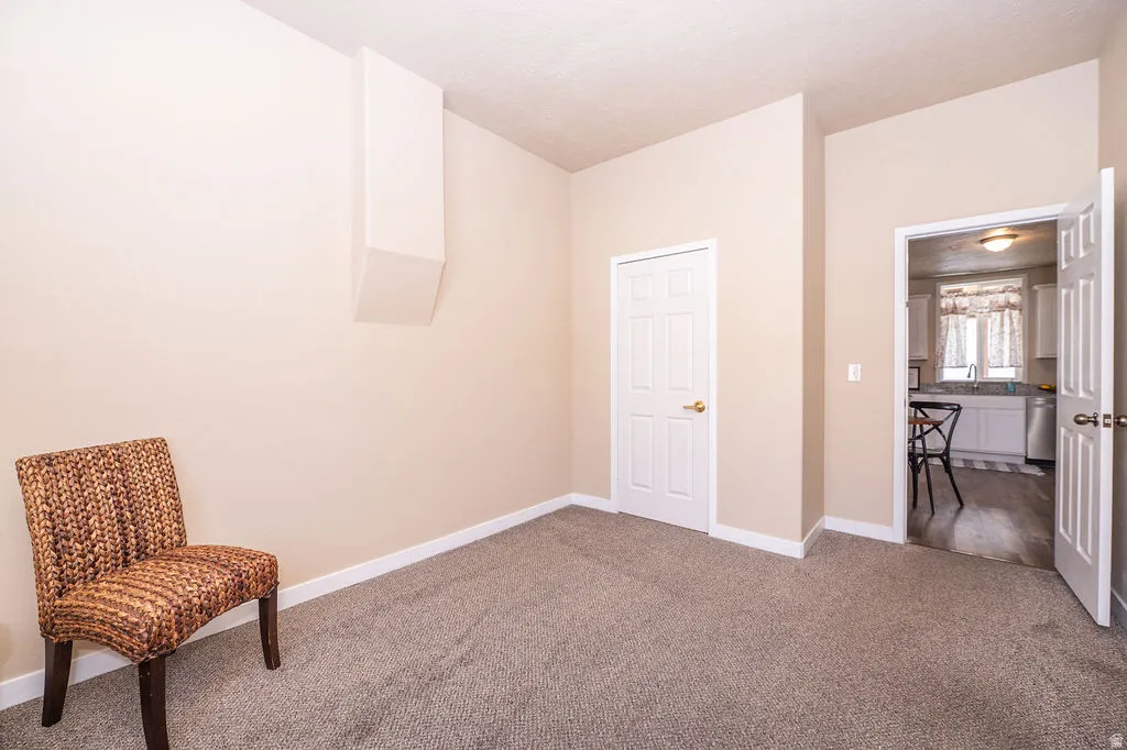 Sitting room with carpet flooring