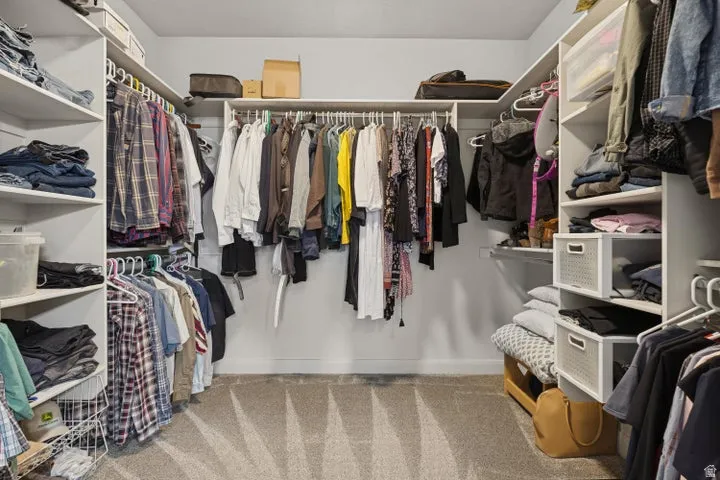 Walk in closet featuring light colored carpet