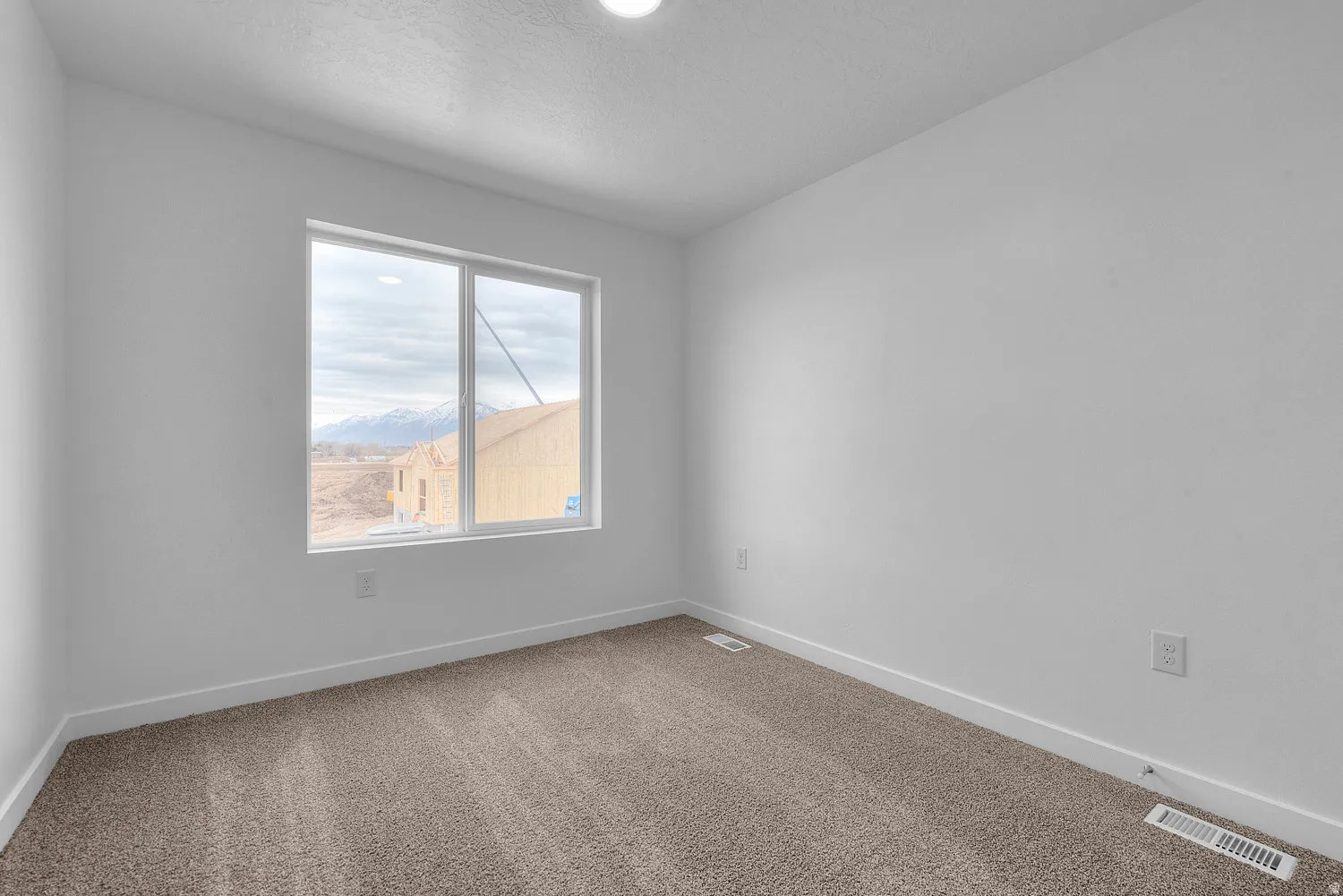 Carpeted spare room with baseboards and a mountain view