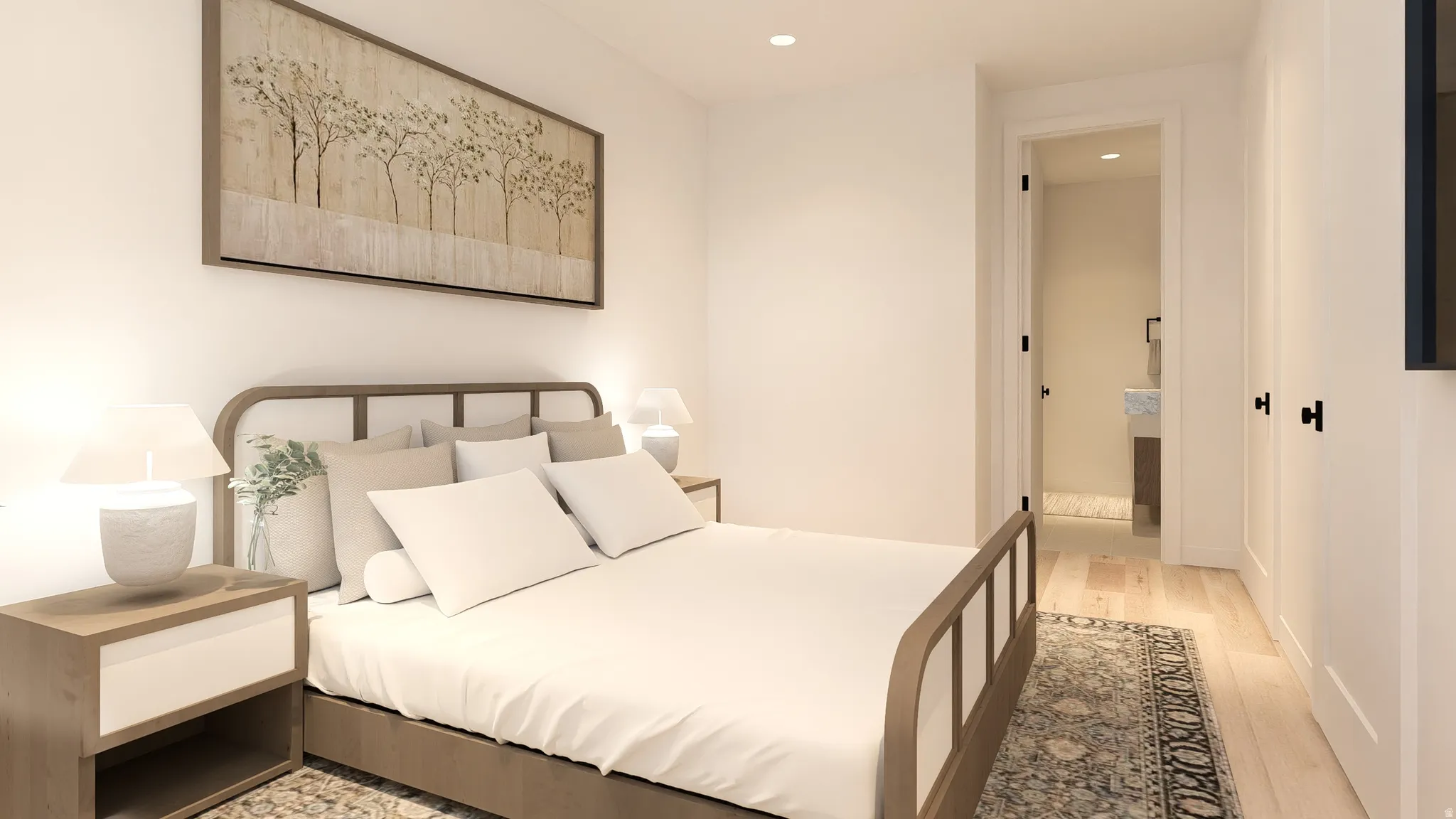 Bedroom with recessed lighting and light wood finished floors