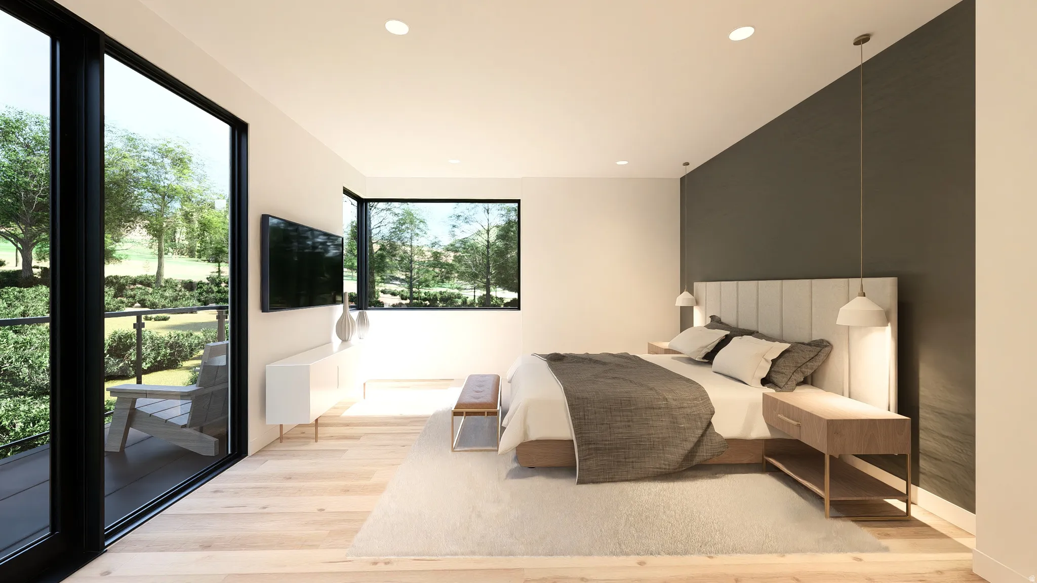 Bedroom featuring light wood-type flooring, recessed lighting, and access to outside