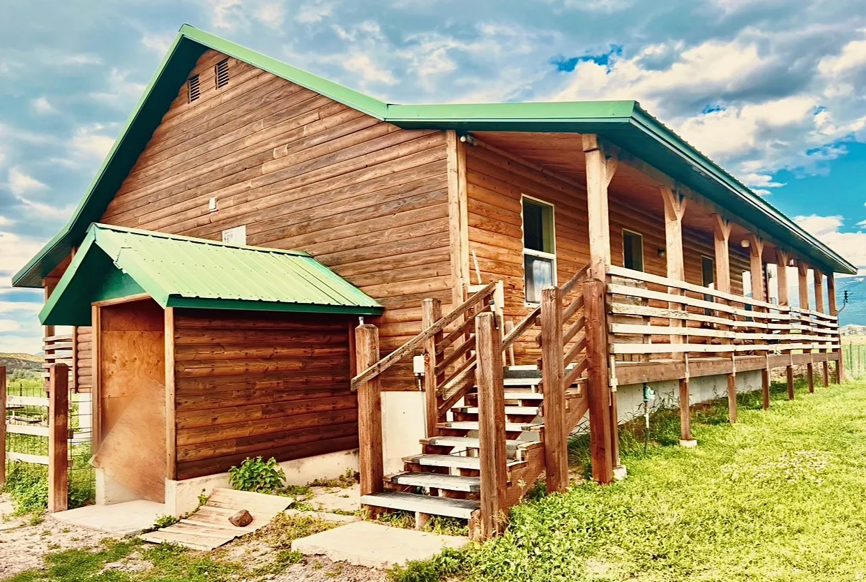 View of side of property featuring a porch, a garage, a metal roof, and a lawn
