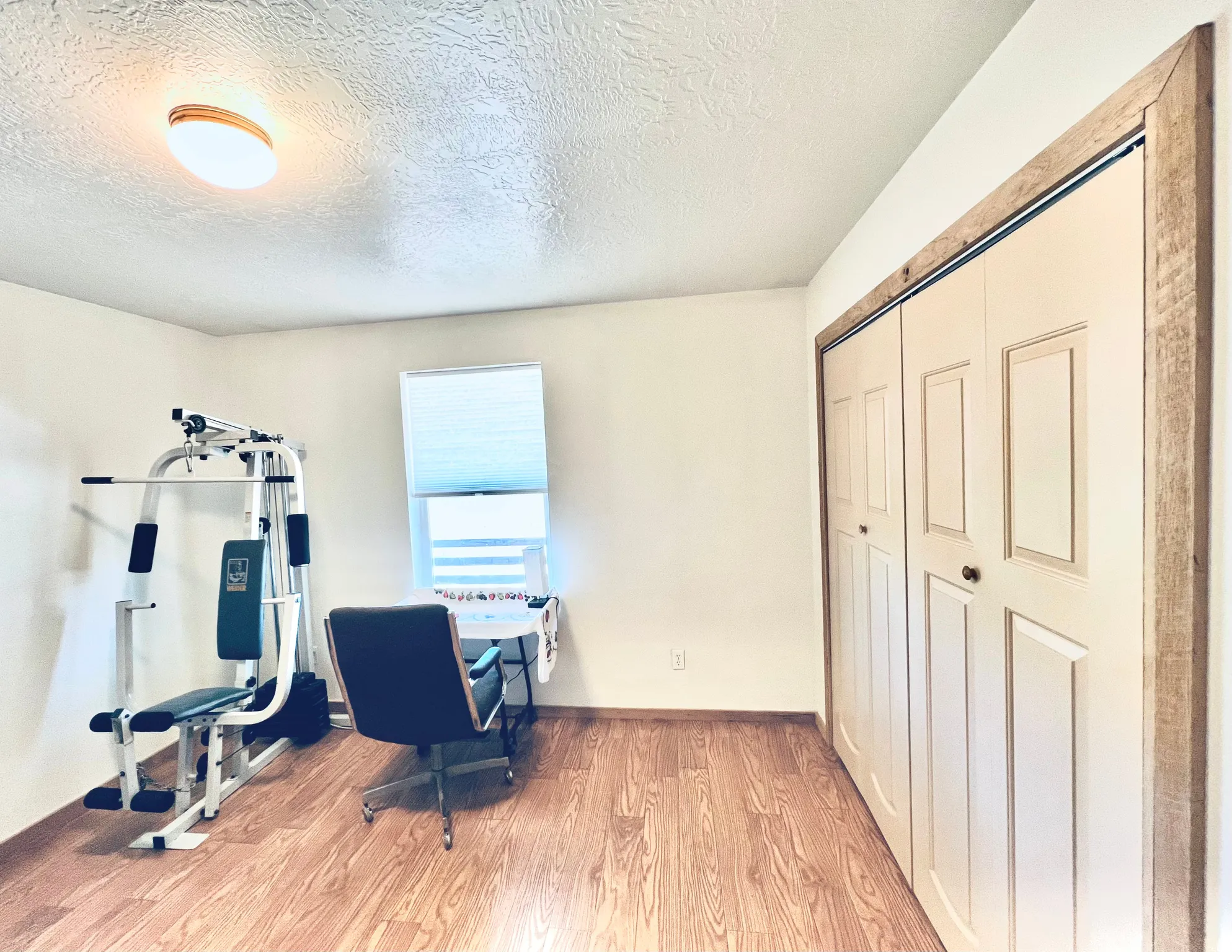 Office with light wood-type flooring and a textured ceiling
