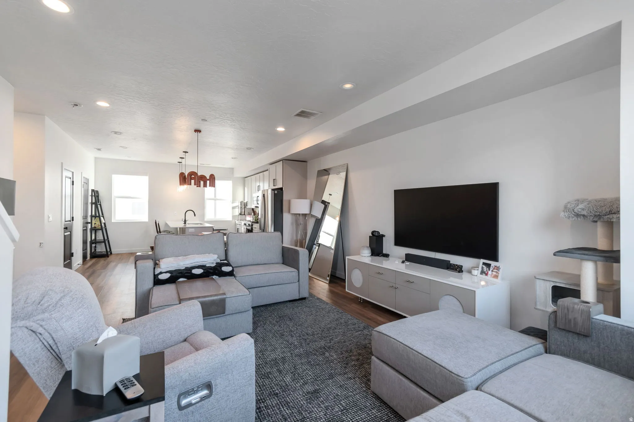 Living area featuring dark wood-type flooring and recessed lighting