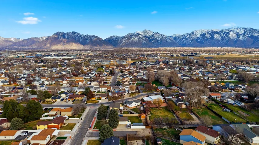 Aerial view of residential area with mountains
