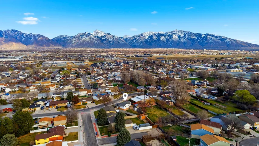 Aerial perspective of suburban area with mountains