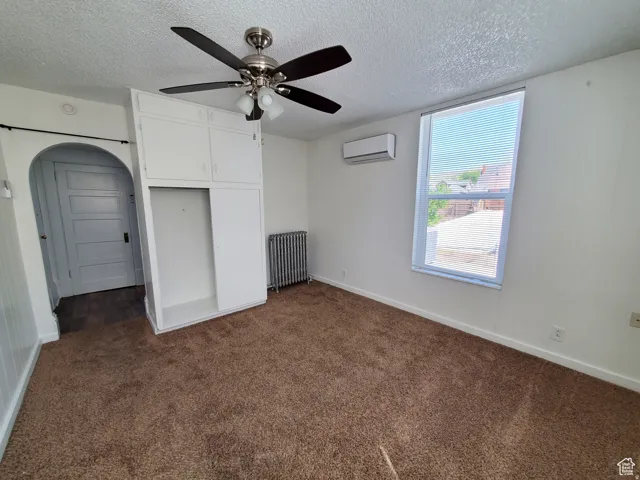 Studio Unit featuring a closet, carpet, arched walkways, original (decorative) radiator, and mini-split A/C & Heat unit
