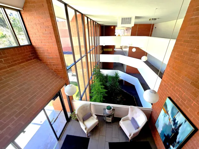 View of balcony overlooking large atrium