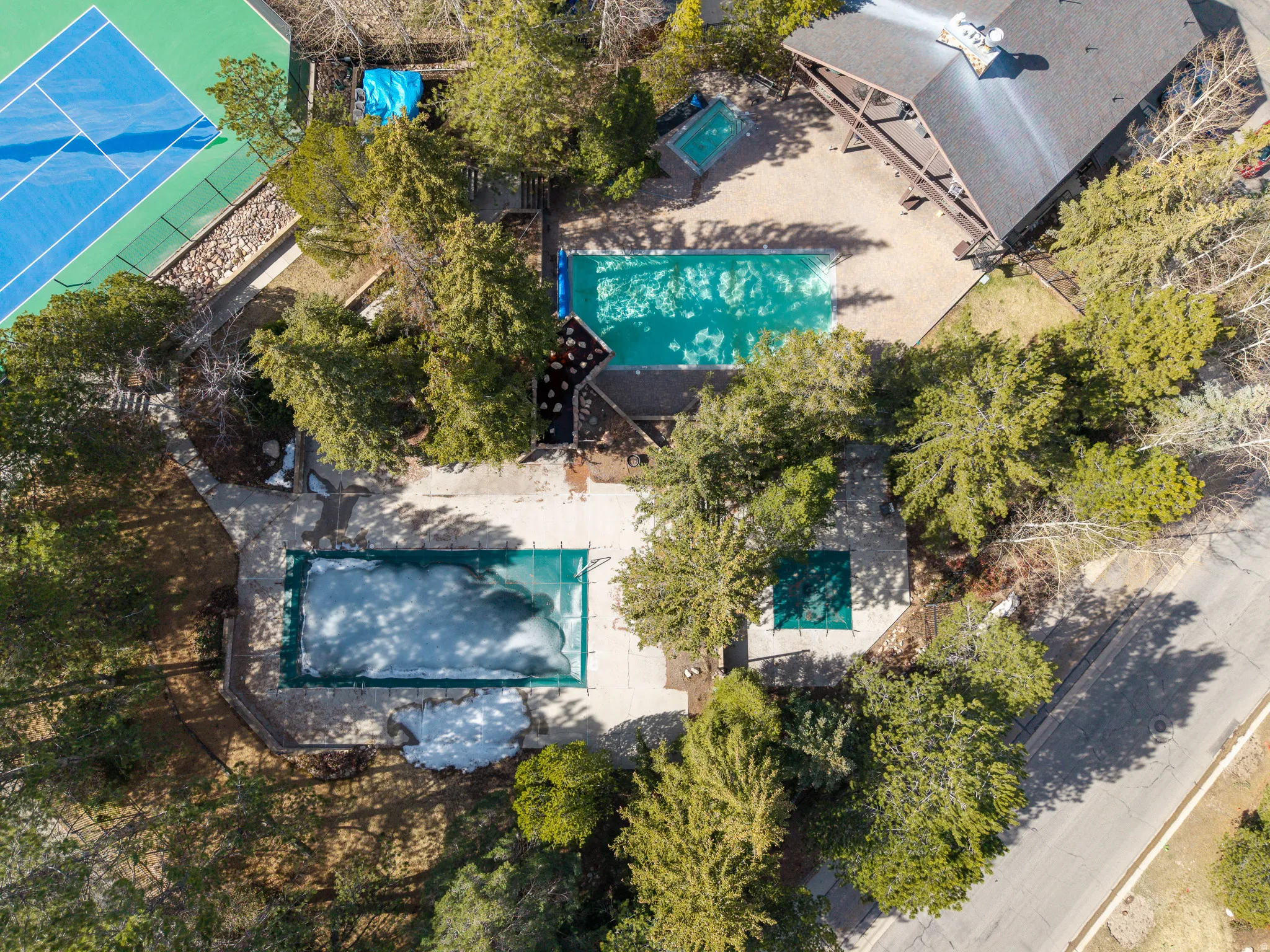 Drone / aerial view of a pool area