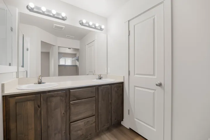 Full bathroom featuring double vanity and dark wood-type flooring