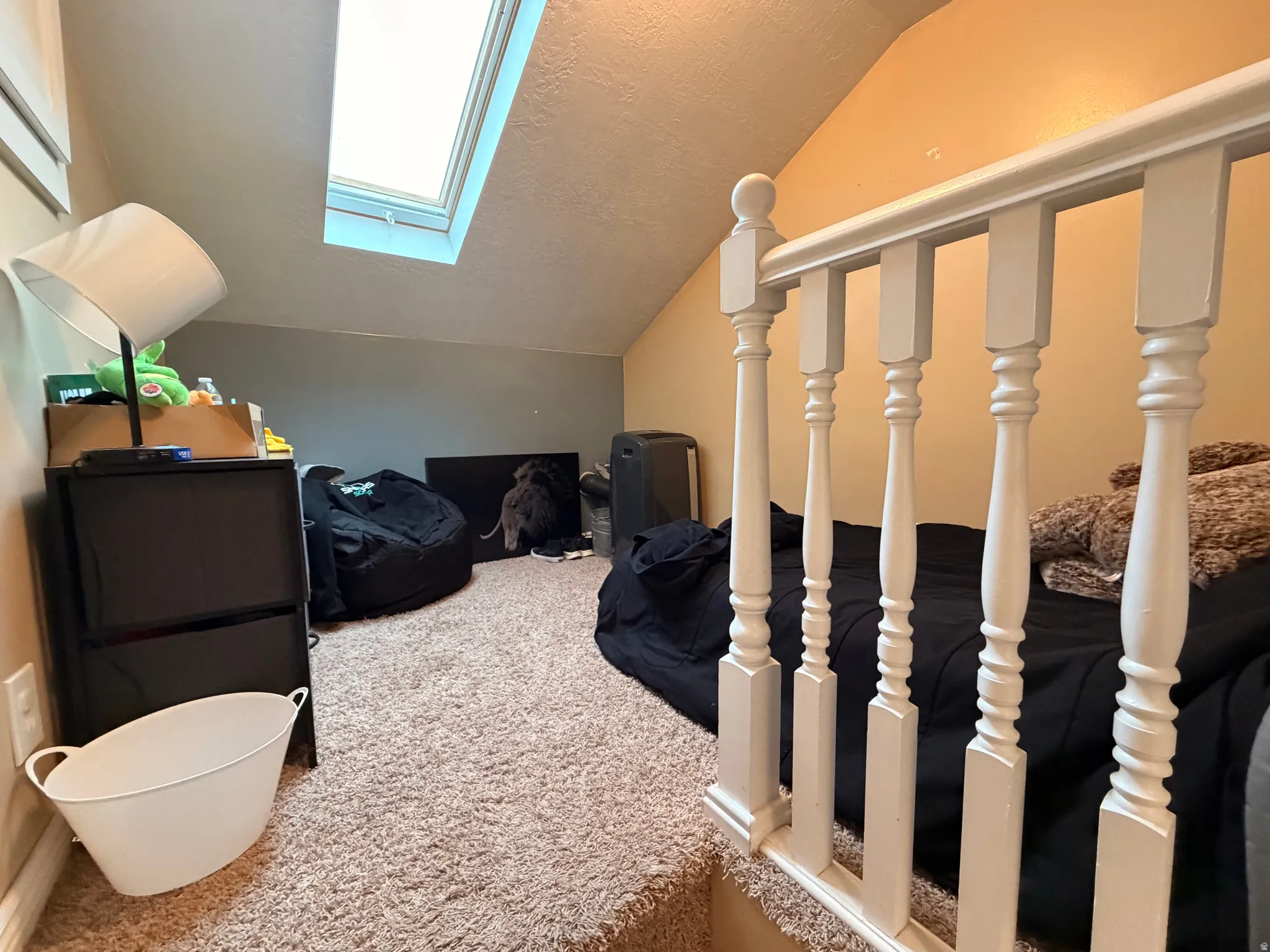 Bonus room featuring a skylight and carpet flooring