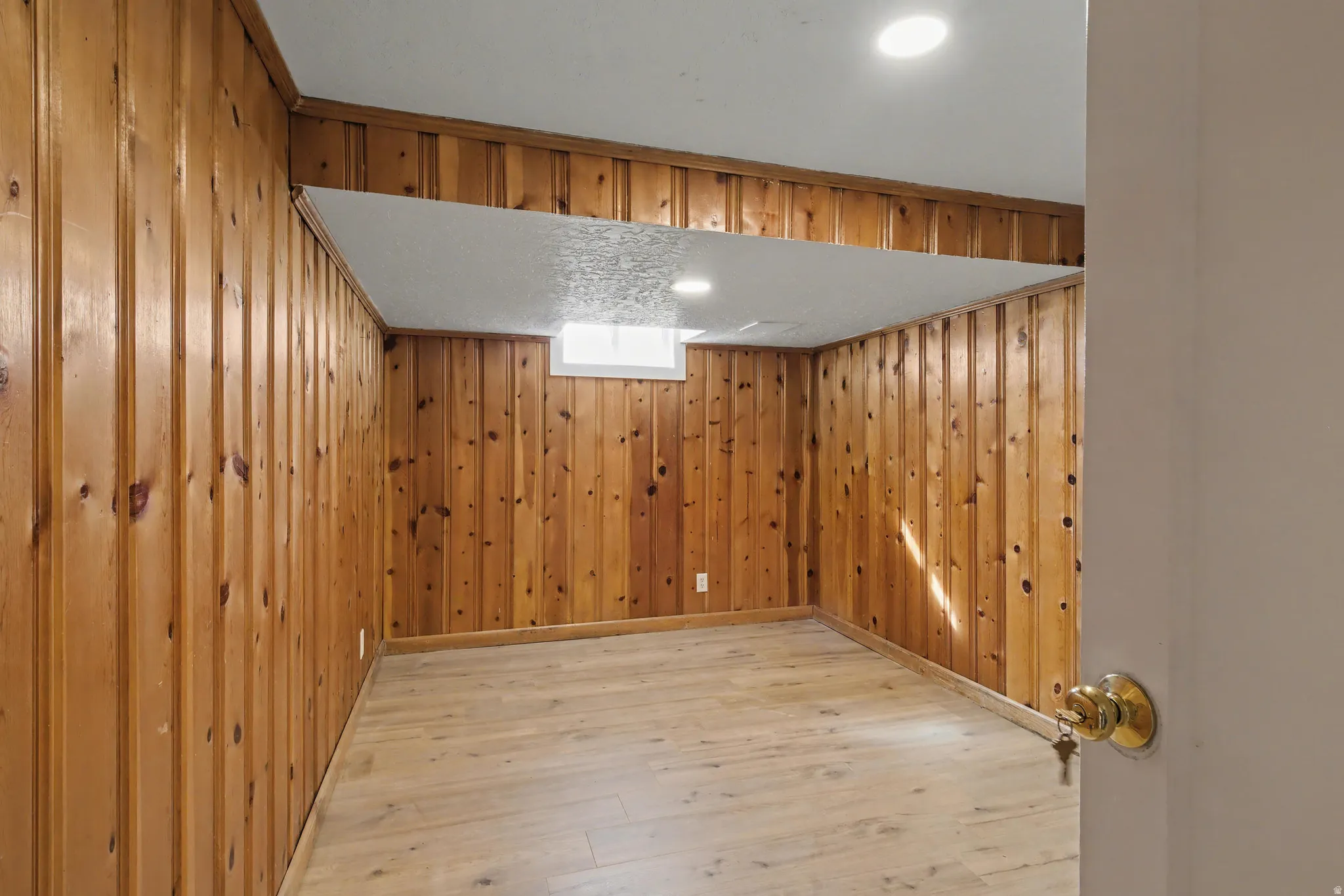 Finished below grade area featuring light wood-style floors and wooden walls